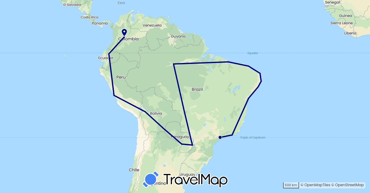 TravelMap itinerary: driving in Bolivia, Brazil, Colombia, Ecuador, Peru, Paraguay (South America)