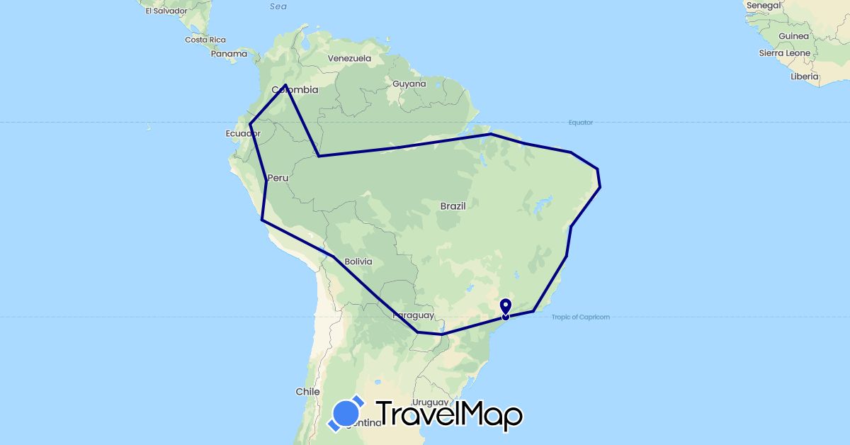 TravelMap itinerary: driving in Bolivia, Brazil, Colombia, Ecuador, Peru, Paraguay (South America)